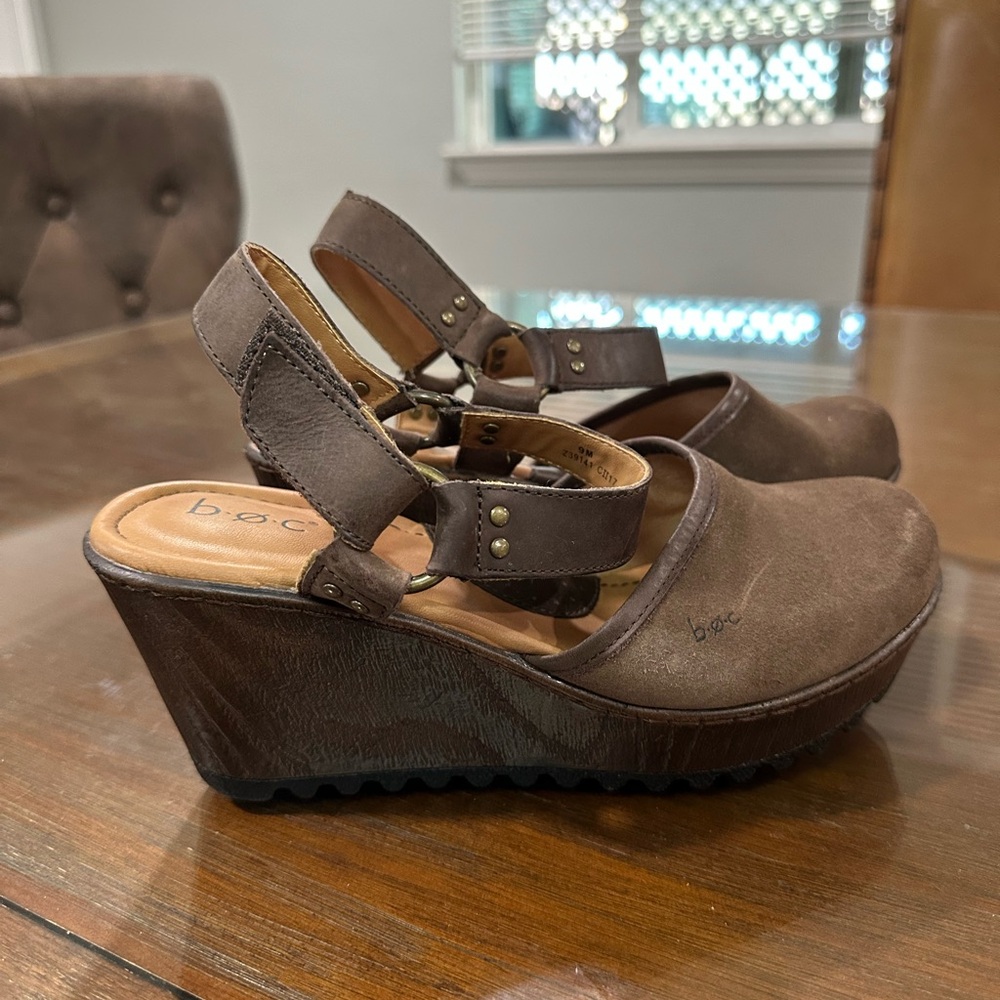 boc Brown Suede Wedge Sandals with Ankle Strap